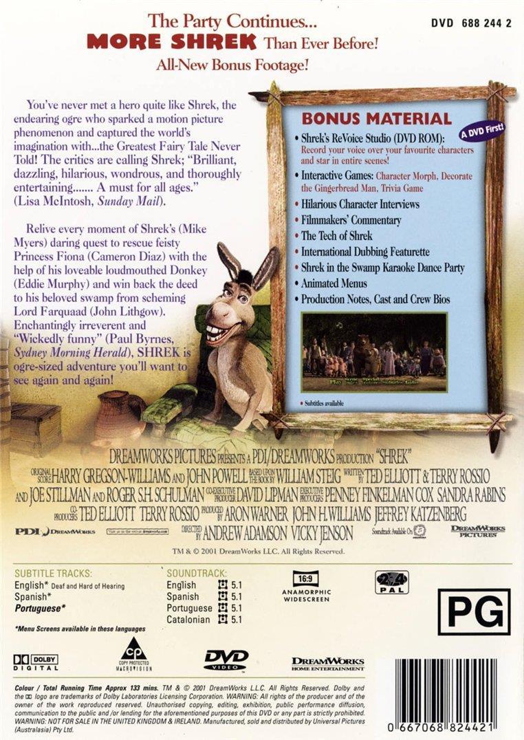 Shrek (DVD, 2001) Region 4 Australia AS NEW Mike Myers Cameron Diaz