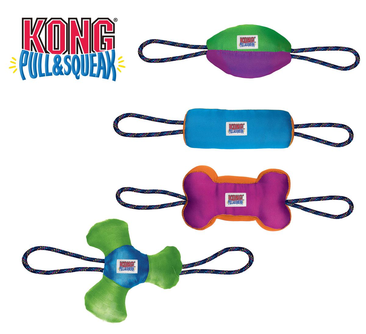 Kong Pull & Squeak Dog Toy Four Fun Designs Tug Fetch Medium/Large