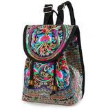 Boho Style Embroidered Mini Backpack Purse for Women - Handmade Canvas Drawstring Travel Daypack