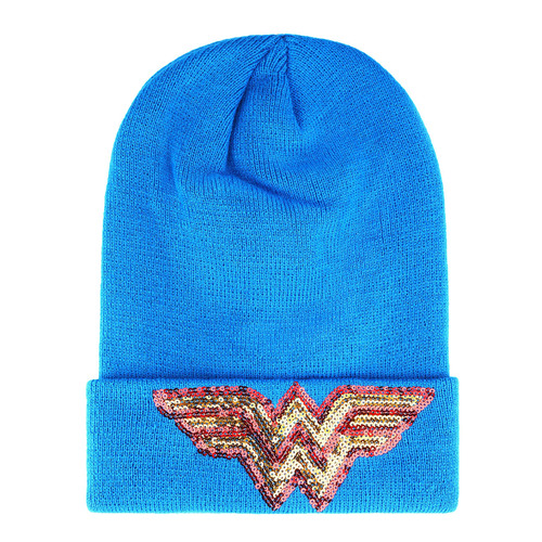 DC Comics Licensed Wonder Woman Sequin Logos Beanie Hat - New