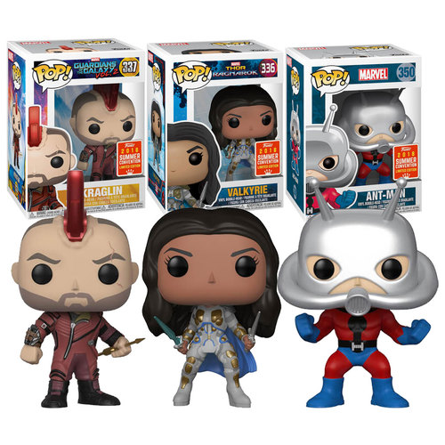 Funko POP! Marvel #336 Valkyrie + #337 Kraglin + #350 Classic Ant-Man (3 POPs) - 2018 San Diego Comic Con (SDCC) Limited Edition - New, Mint Condition
