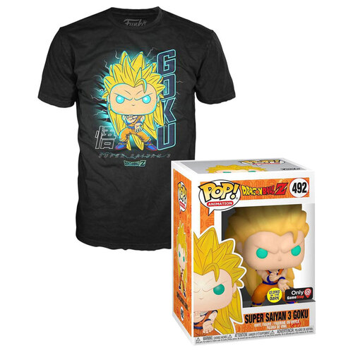Funko POP! Tees #492 Dragonball Z SS3 Goku (Glows In The Dark) POP! & T-Shirt Set - Gamestop Exclusive - New, Sealed [Size: Medium]