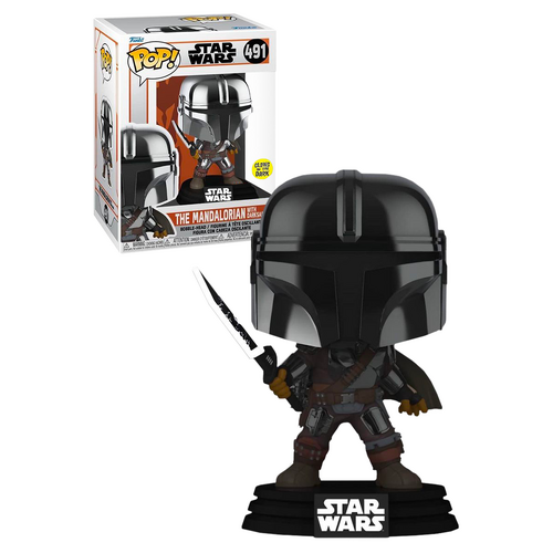 Funko POP! Star Wars The Mandalorian #491 The Mandalorian With Dark Saber (Chrome) - New, Mint Condition