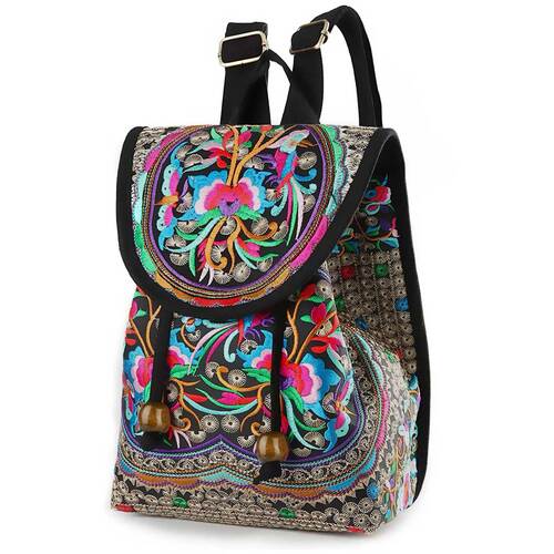 Boho Style Embroidered Drawstring Mini Backpack Travel Daypack - New With Tags