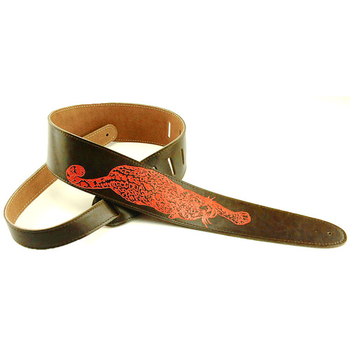 Perri's Guitar Strap 100% Leather - Brown With Embossed Design Leopard